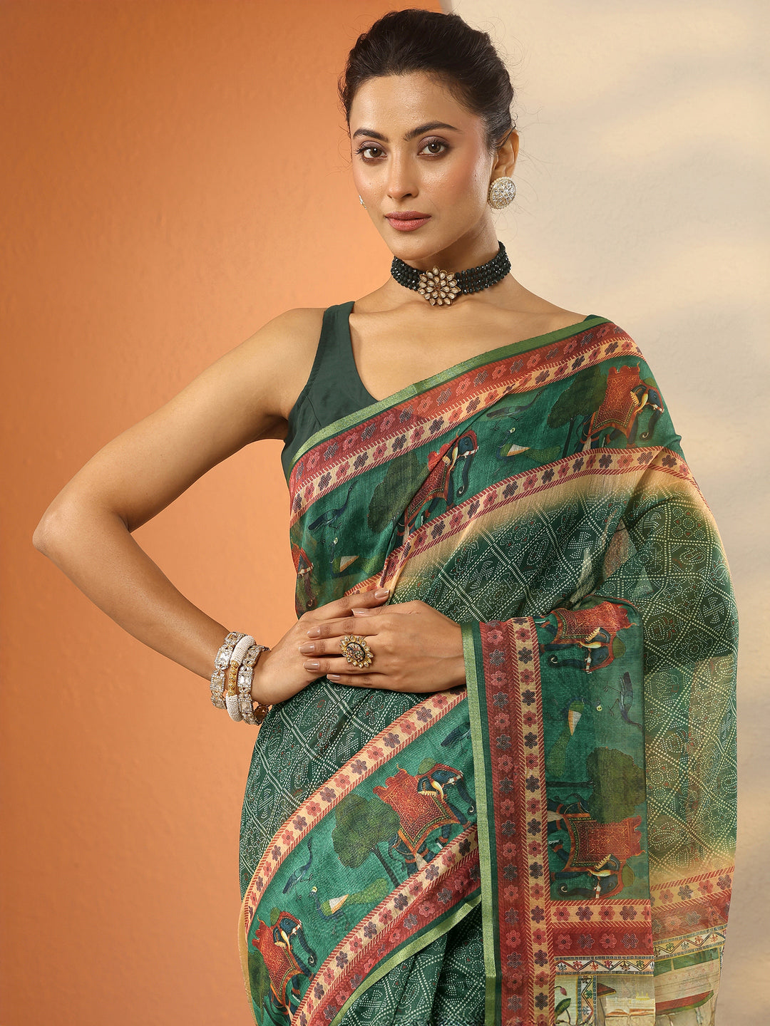  Green Bandhani Printed Silk Blend Saree With Unstitched Blouse Piece 