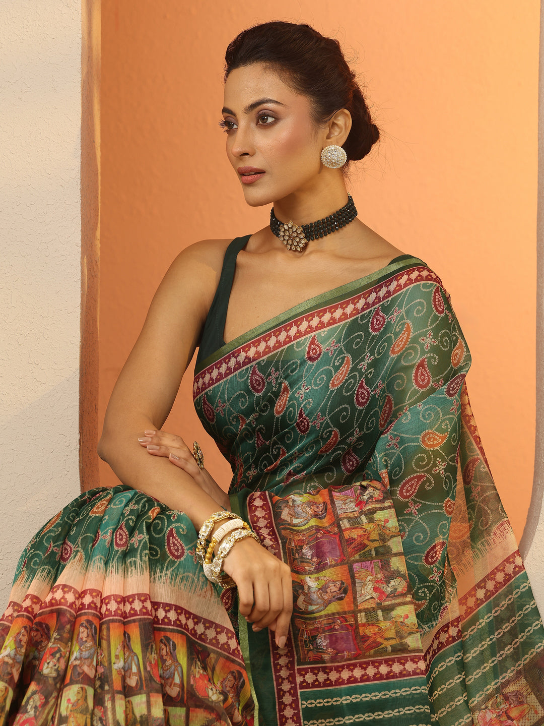  Green Bandhani Printed Silk Blend Saree With Unstitched Blouse Piece 