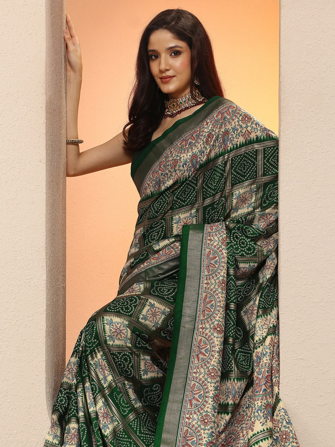  Green Bandhani Printed Silk Blend Saree With Unstitched Blouse Piece 