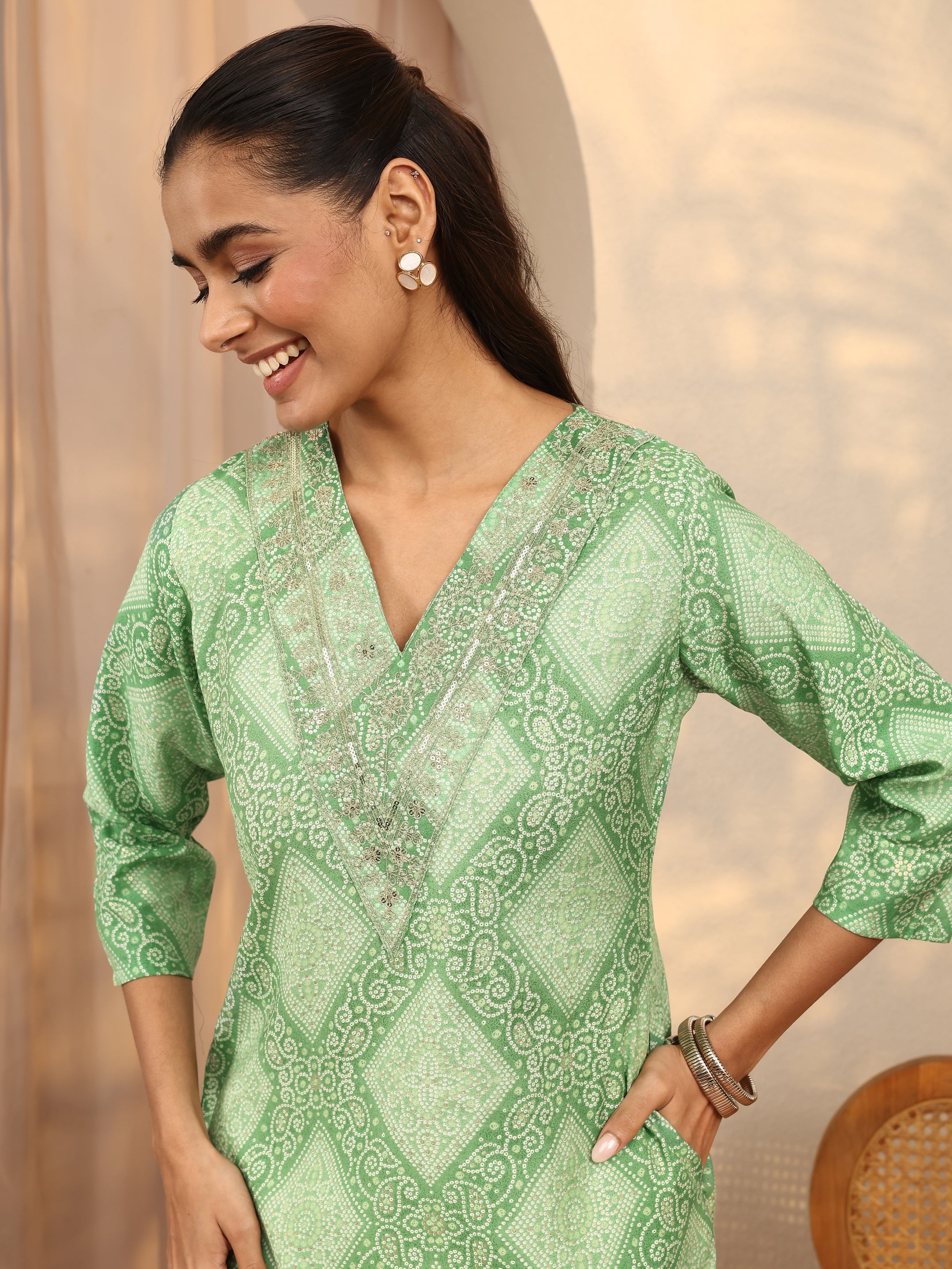 libas Green Bandhani Printed Silk Blend Straight Kurta-picture-21
