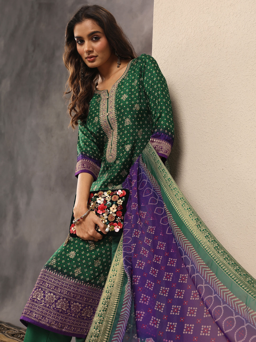  Green Bandhani Printed Silk Blend Straight Suit Set With Dupatta 