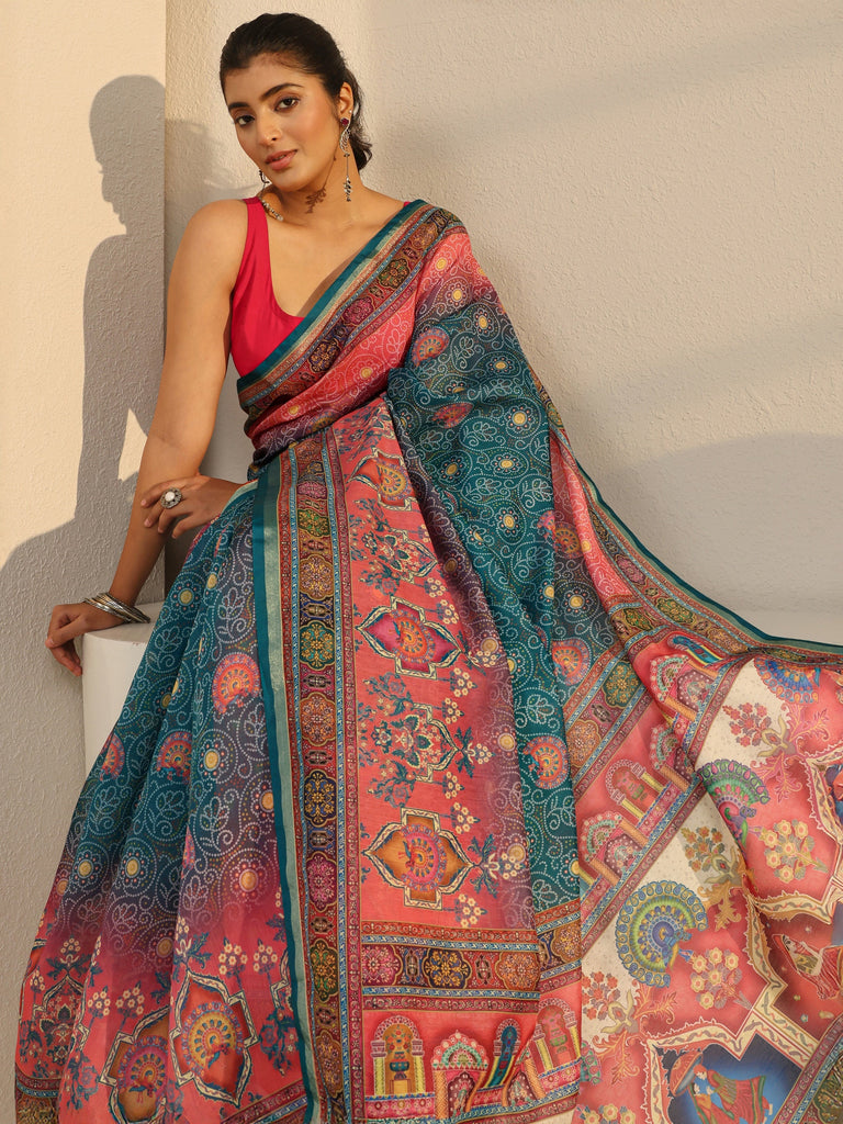 Libas Green Bandhani Printed Silk Blend Tassel Saree With Unstitched Blouse Piece