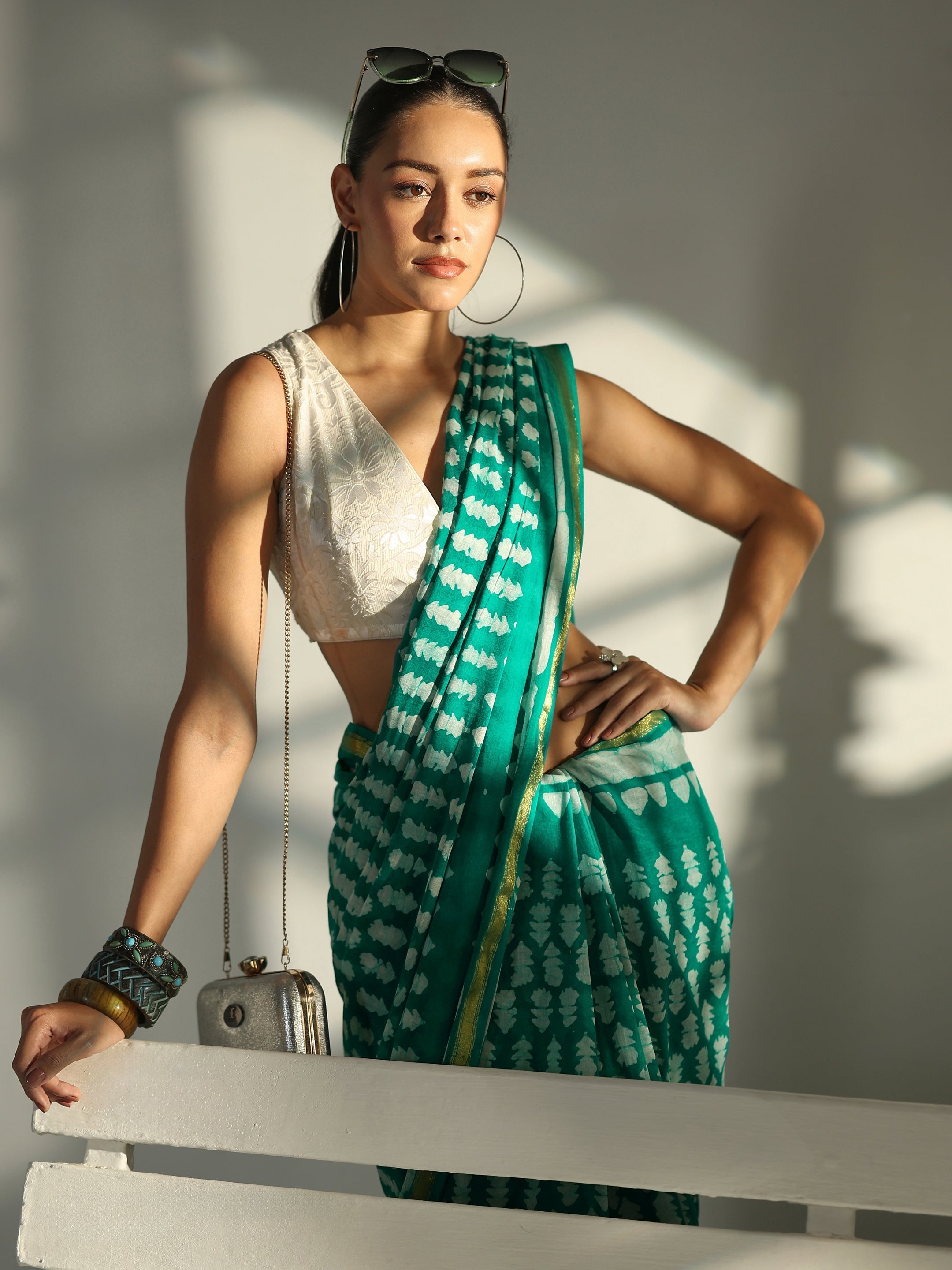 Green Batik Print Cotton Saree-image-14