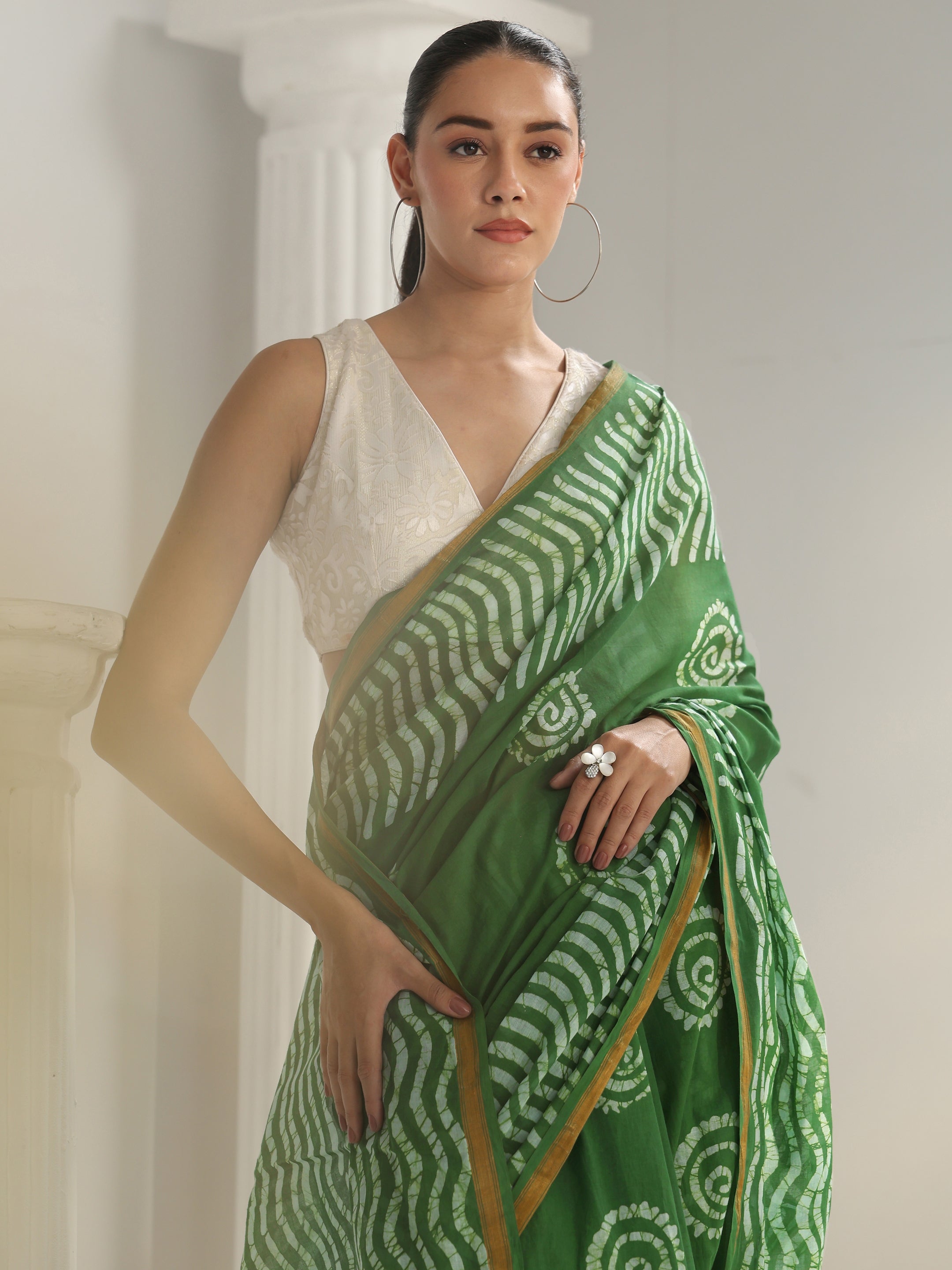 Green Batik Print Cotton Saree-image-13