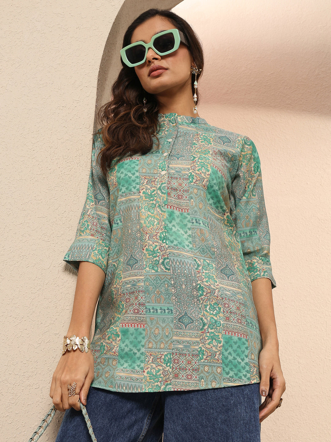 Green Block Printed Silk Blend Straight Short Kurti