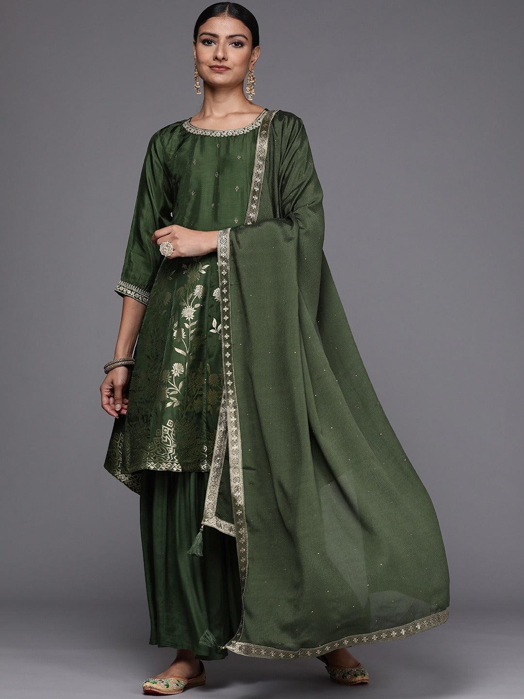 Green Brocade Silk Blend A-Line Kurta With Sharara & Dupatta