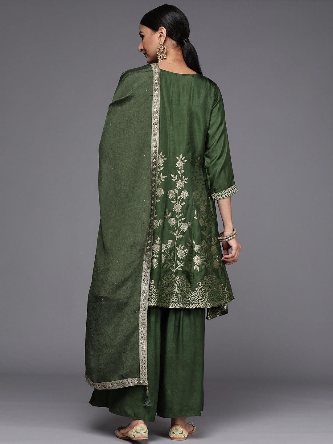 Green Brocade Silk Blend A-Line Suit Set - Libas