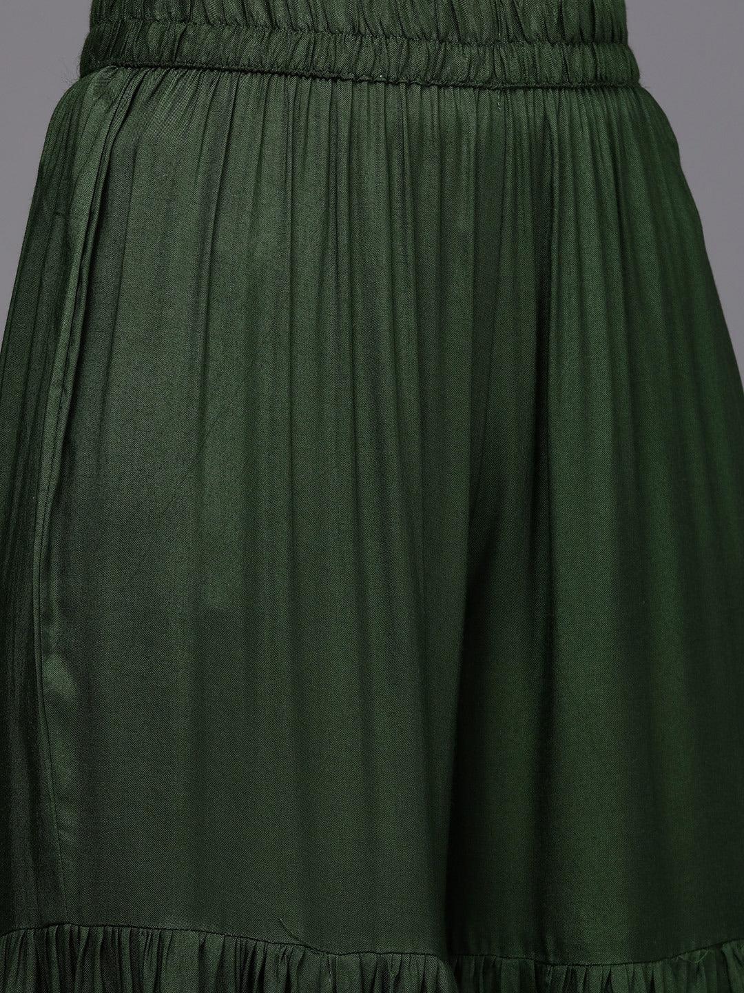 Green Brocade Silk Blend A-Line Suit Set - Libas