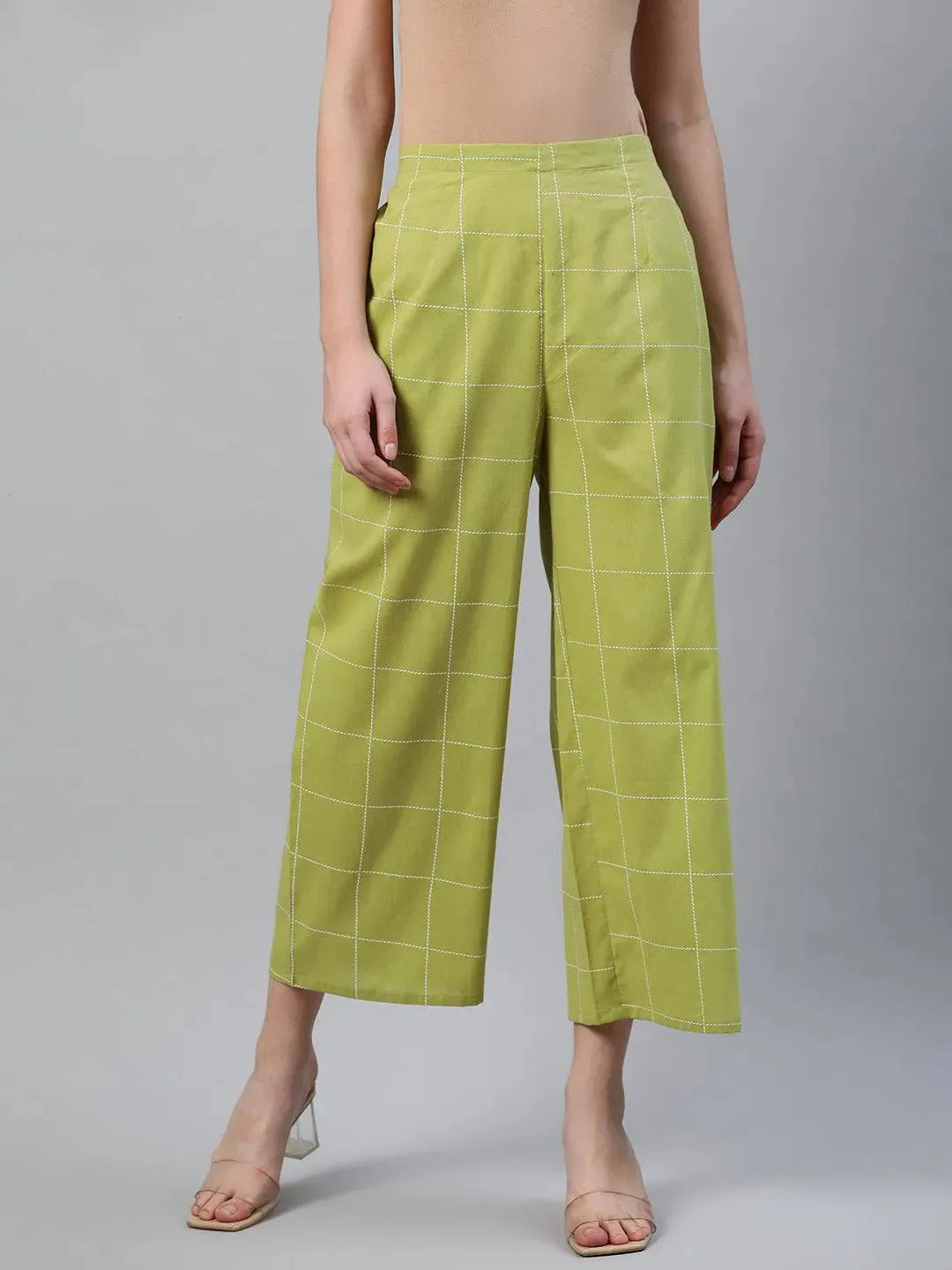 Green Checkered Cotton Palazzos - Libas