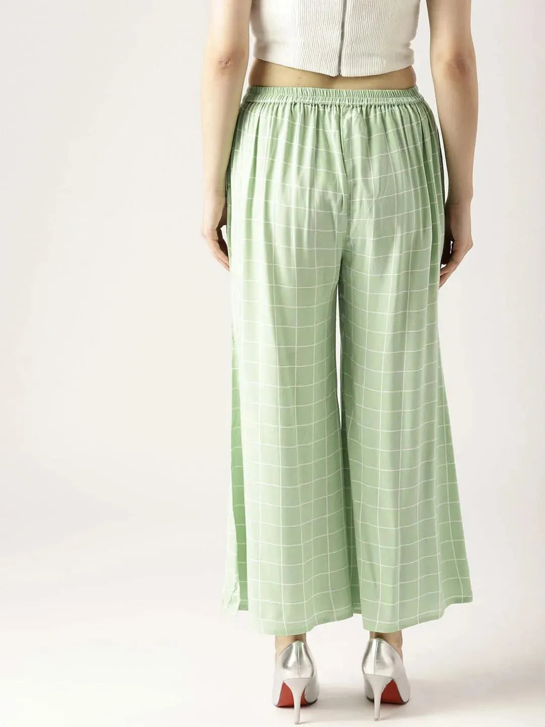 Green Checkered Rayon Palazzos - Libas