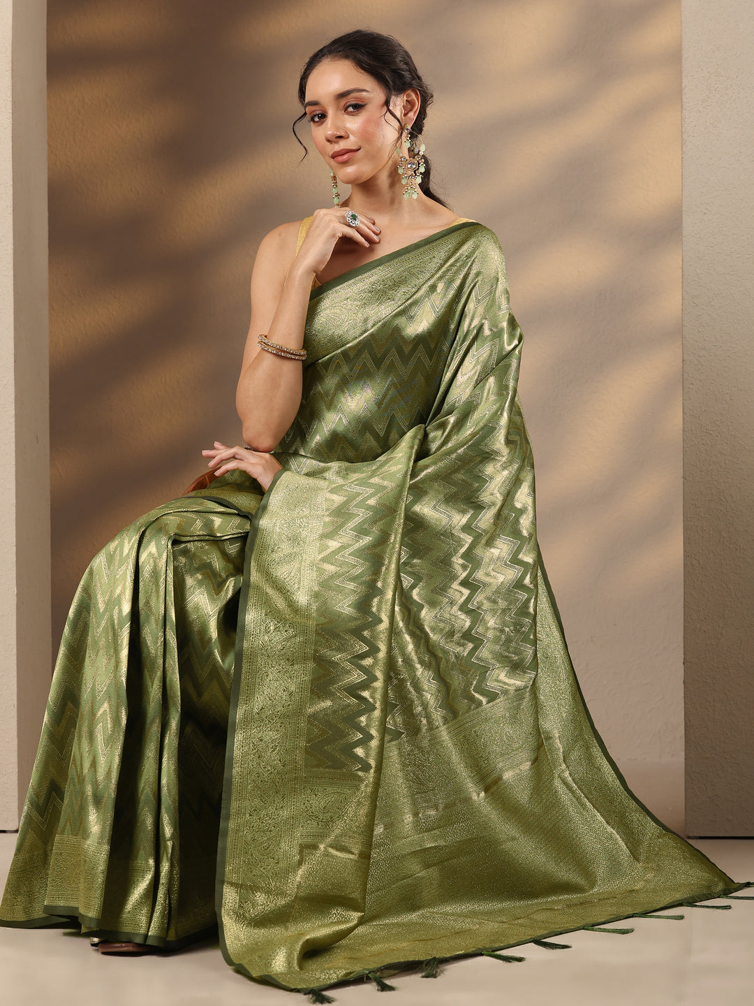  Green Chevron Woven Design Silk Blend Saree With Unstitched Blouse Piece 