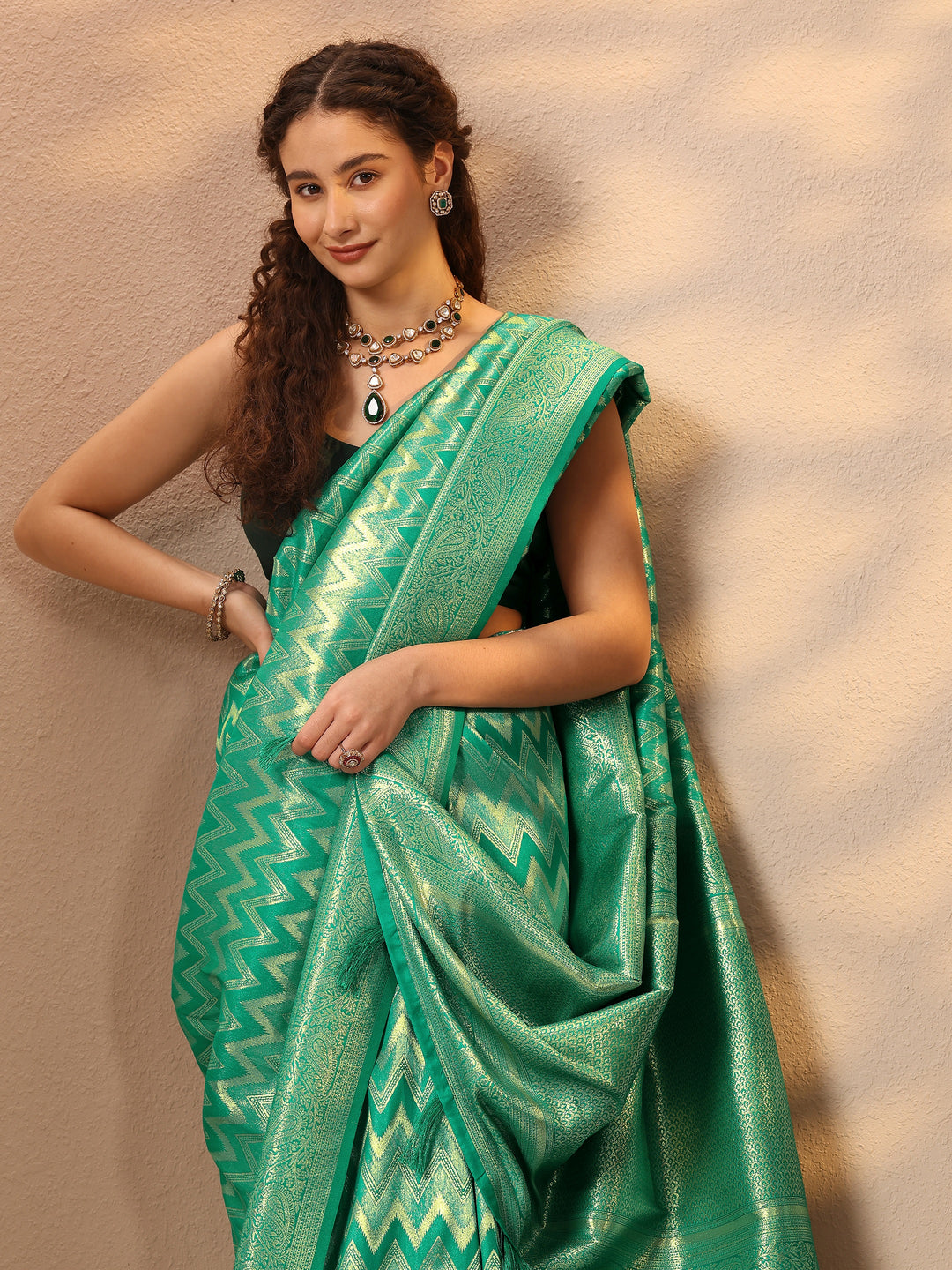  Green Chevron Woven Design Silk Blend Saree With Unstitched Blouse Piece 