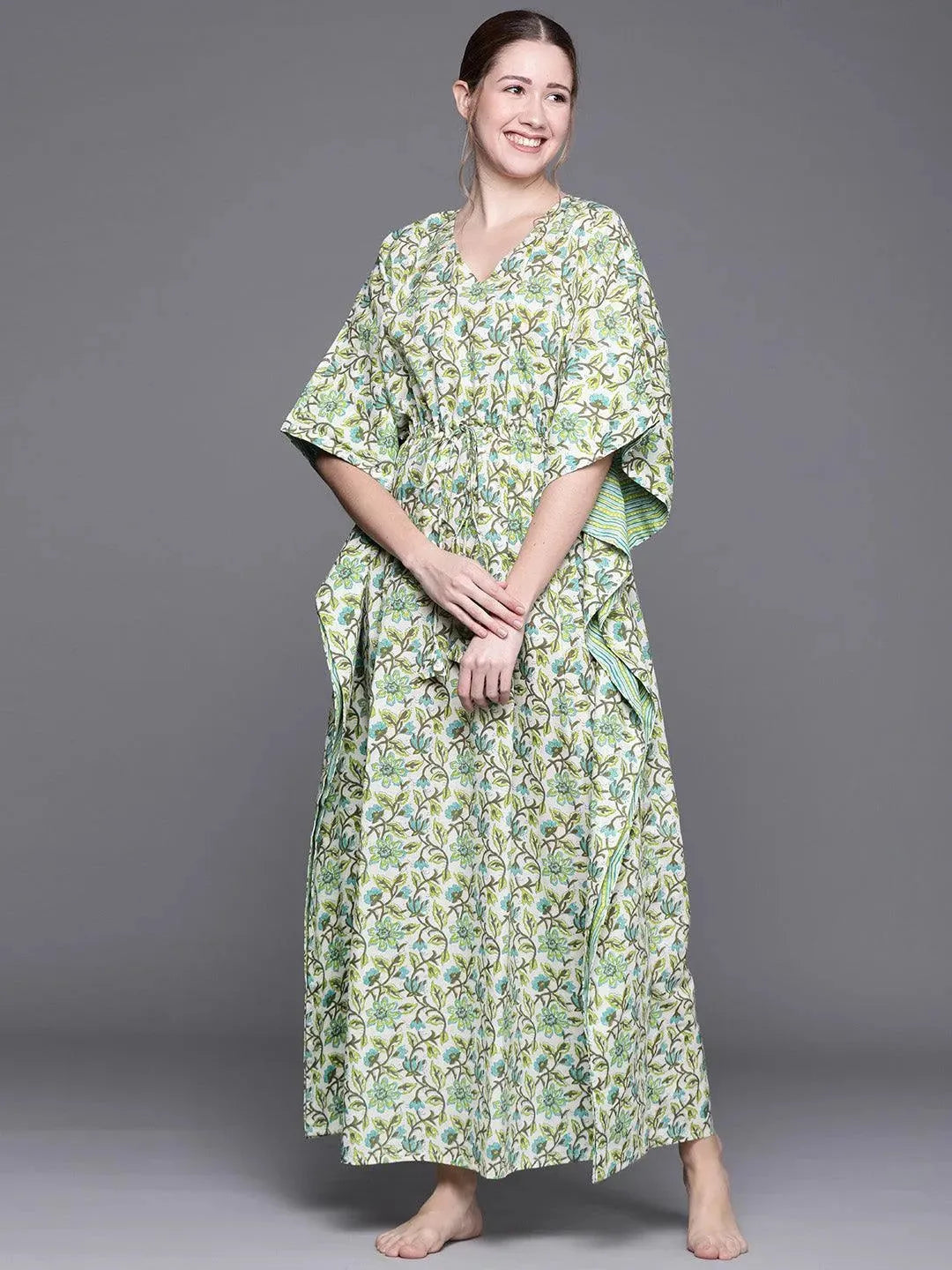 Green Cotton Printed Kaftan Nightdress - Libas