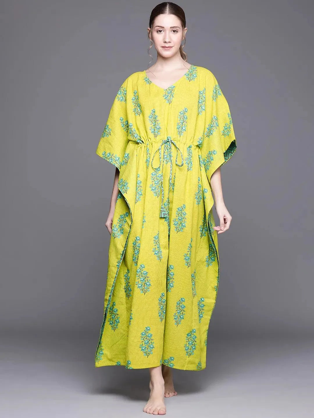 Green Cotton Printed Kaftan Nightdress - Libas