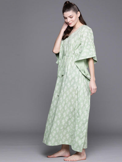 Green Cotton Printed Kaftan Nightdress - Libas