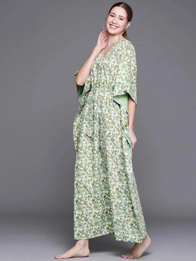 Green Cotton Printed Kaftan Nightdress - Libas