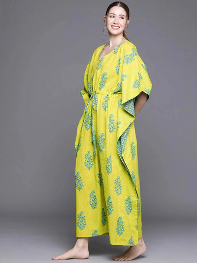 Green Cotton Printed Kaftan Nightdress - Libas