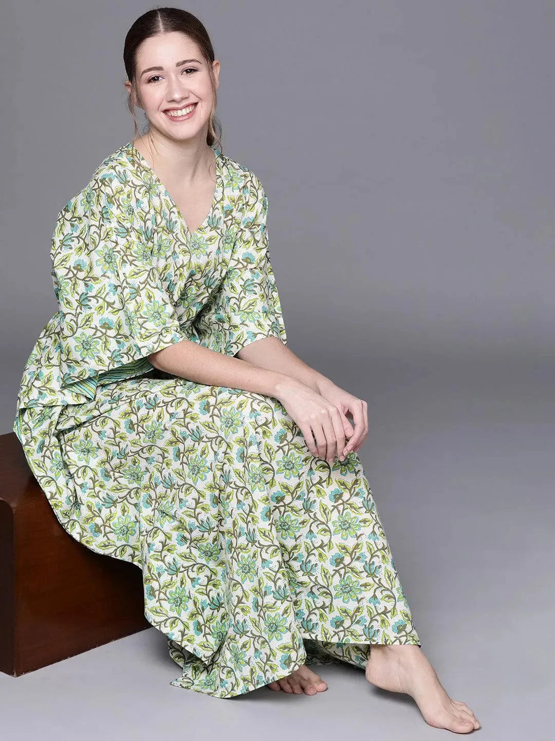 Green Cotton Printed Kaftan Nightdress - Libas