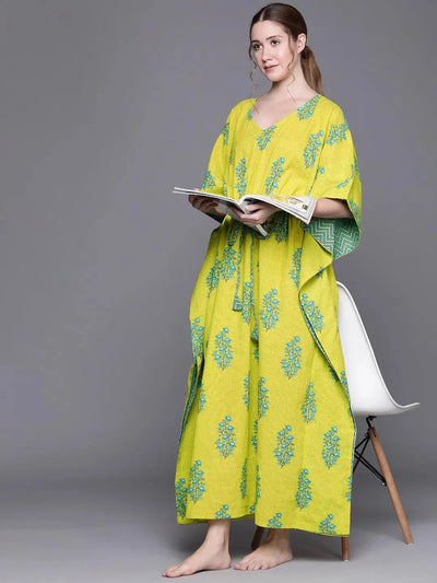 Green Cotton Printed Kaftan Nightdress - Libas