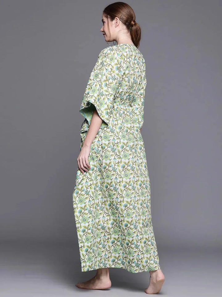 Green Cotton Printed Kaftan Nightdress - Libas