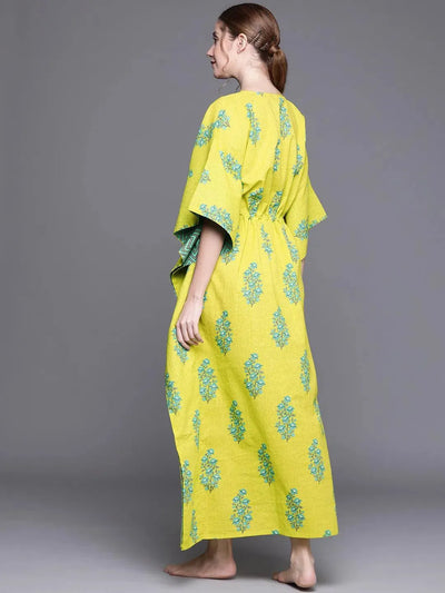 Green Cotton Printed Kaftan Nightdress - Libas