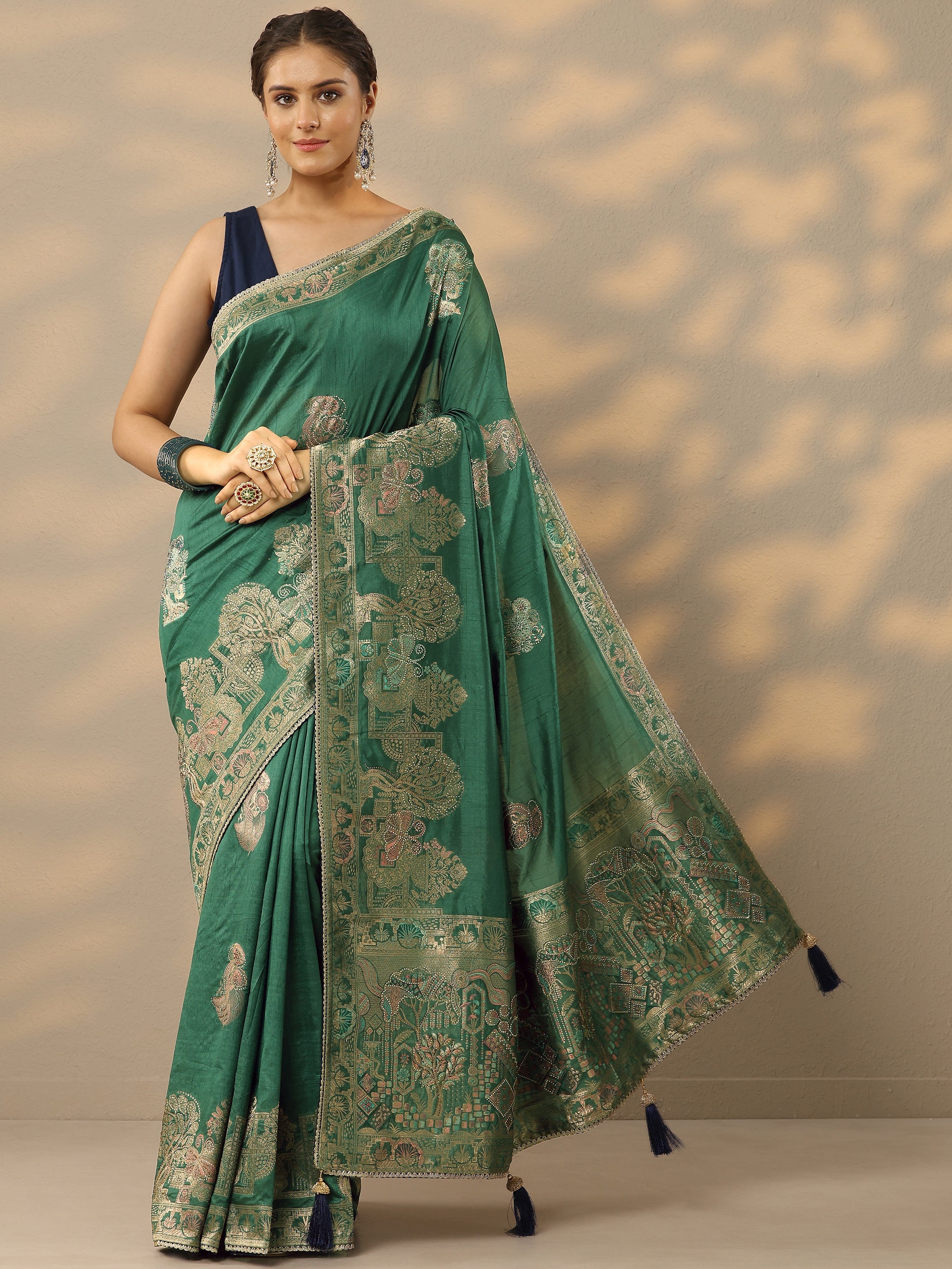 libas Green Embellished Baluchari Silk Blend Saree With Unstitched Blouse Piece-picture-35