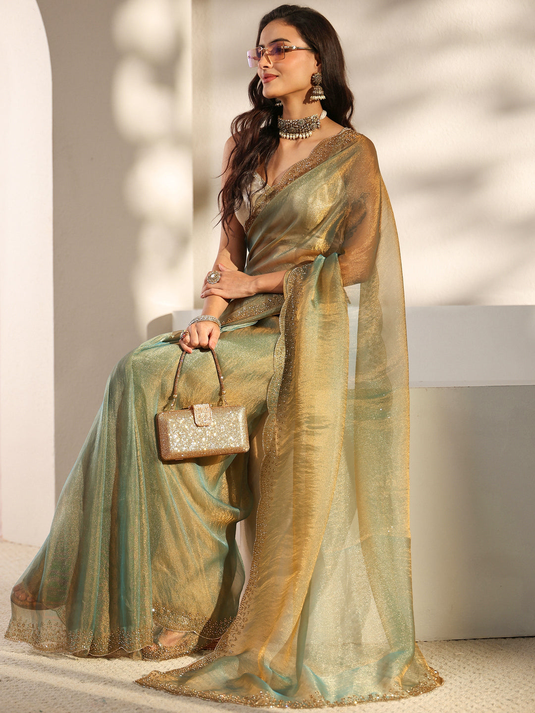 Libas Green Embellished Border Tissue Saree With Unstitched Blouse Piece 