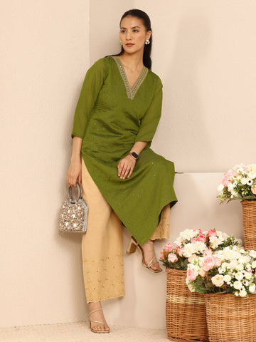 Libas Green Embellished Chanderi Cotton Straight Kurta