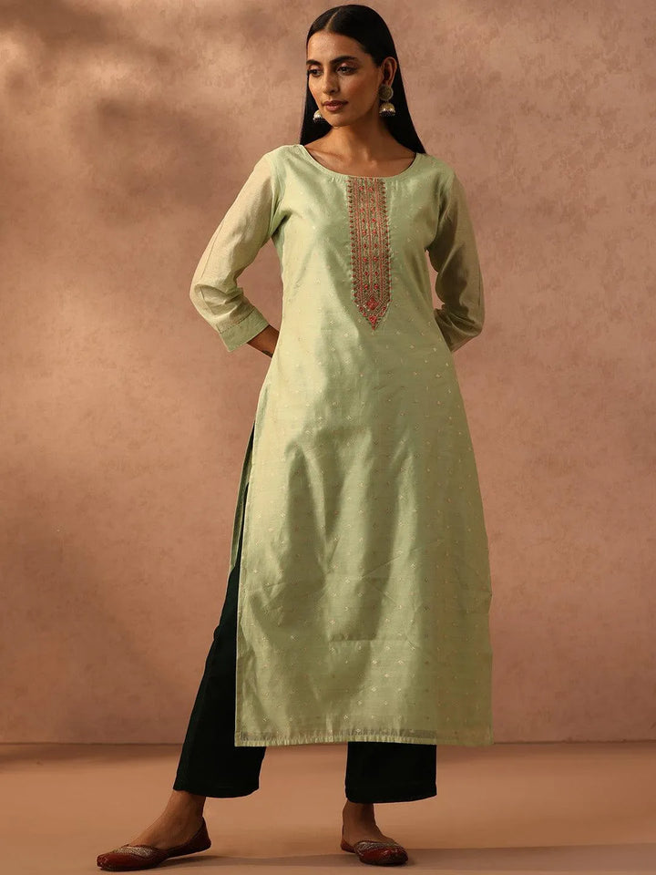 Green Embellished Chanderi Silk Straight Kurta - Libas