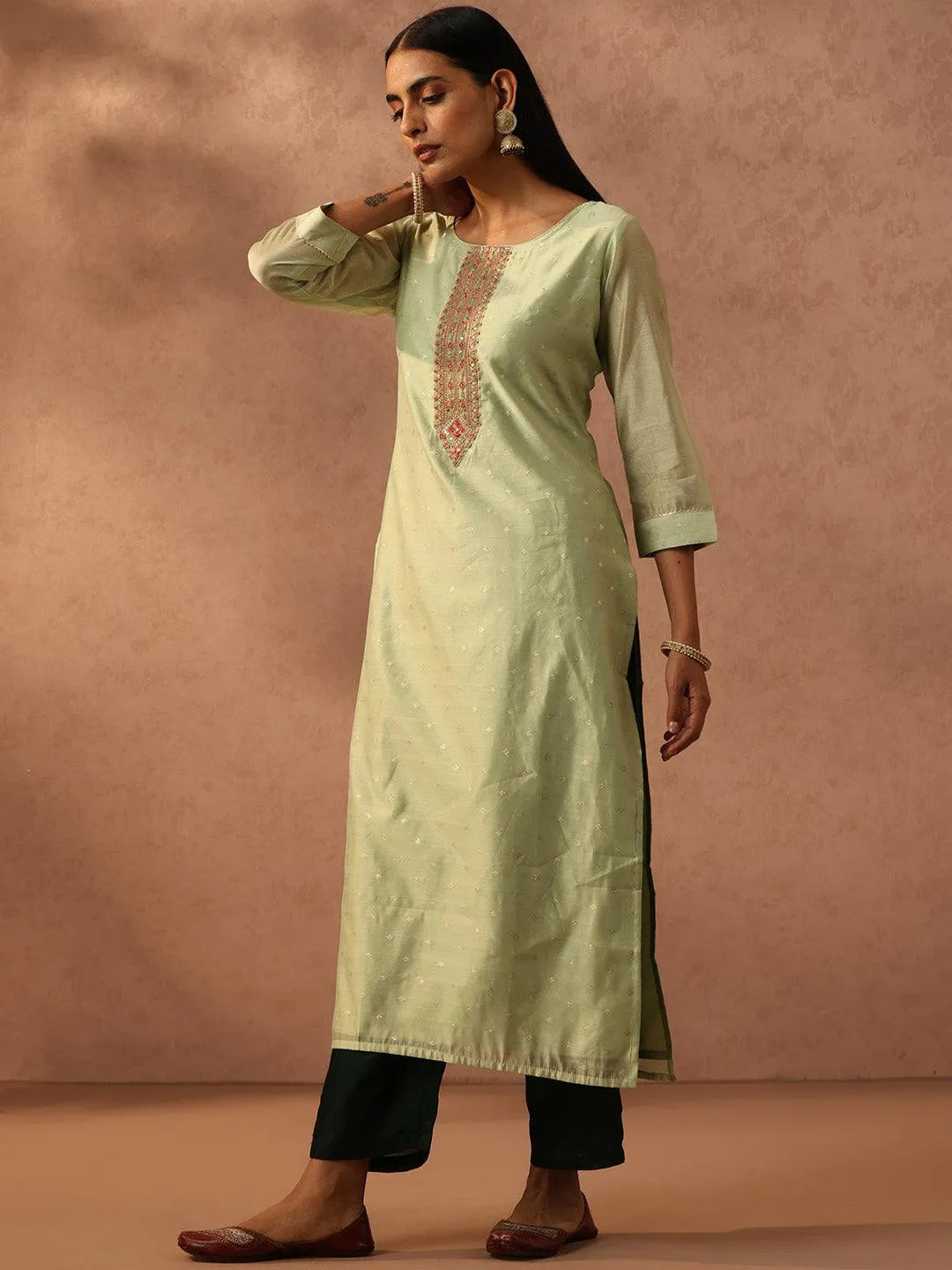 Green Embellished Chanderi Silk Straight Kurta - Libas 