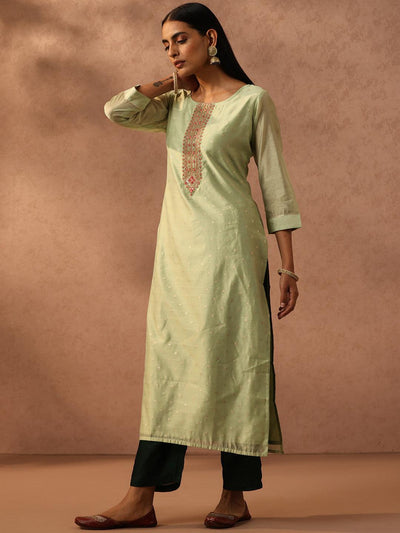 Green Embellished Chanderi Silk Straight Kurta - Libas