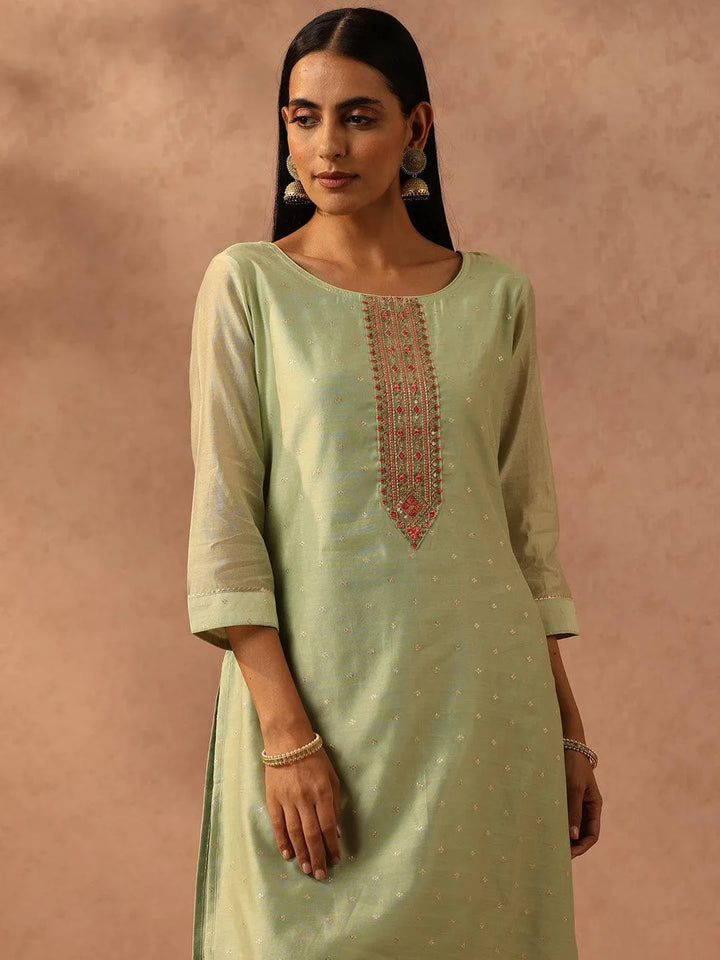 Green Embellished Chanderi Silk Straight Kurta - Libas