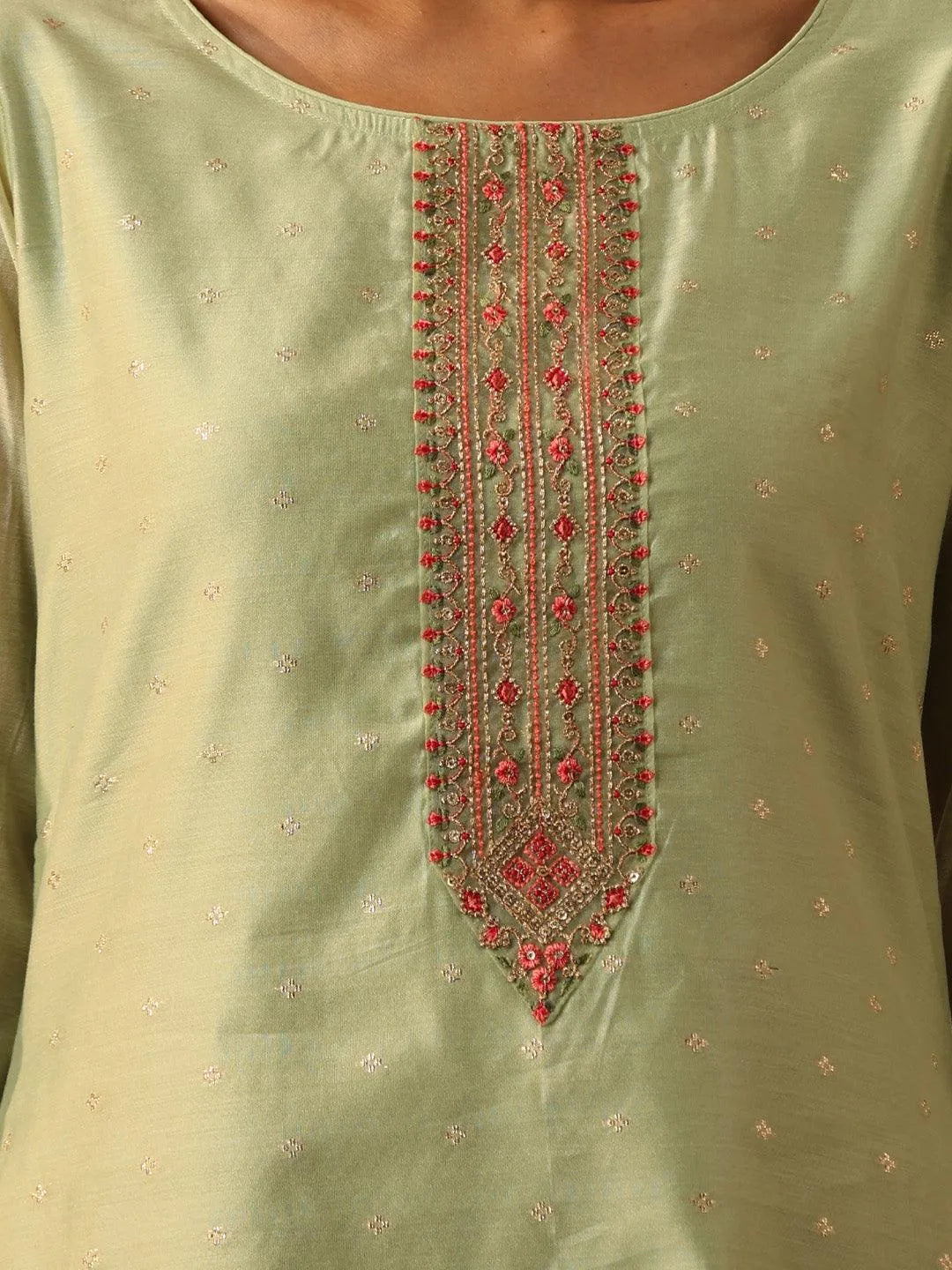Green Embellished Chanderi Silk Straight Kurta - Libas 