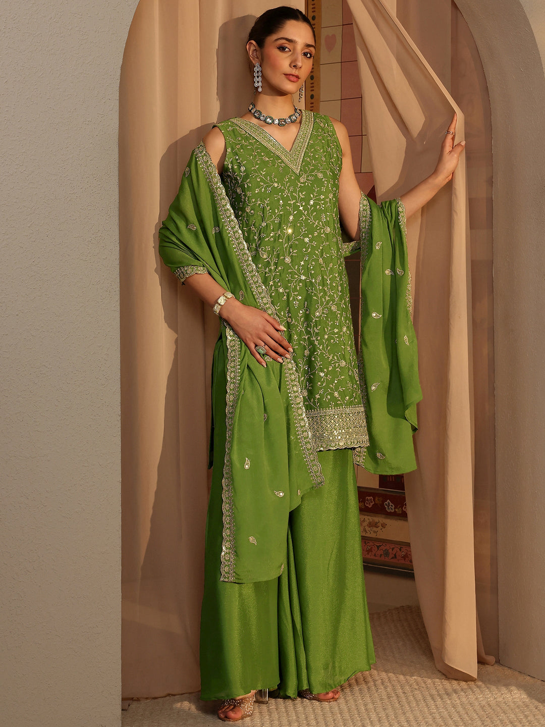 Green Embellished Chinon Palazzo Suit Set With Dupatta
