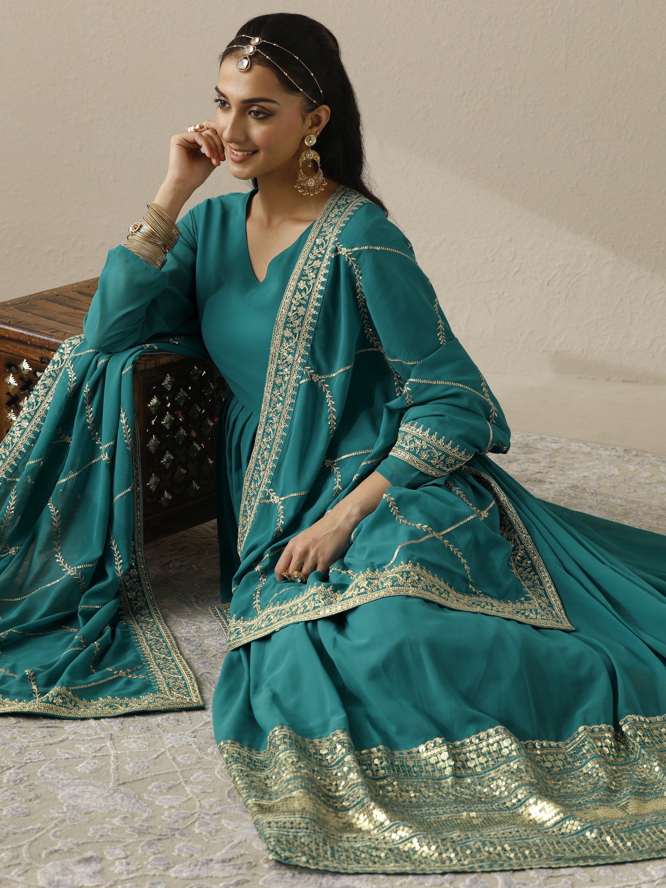 libas Green Embellished Georgette Anarkali Suit Set With Dupatta-picture-13