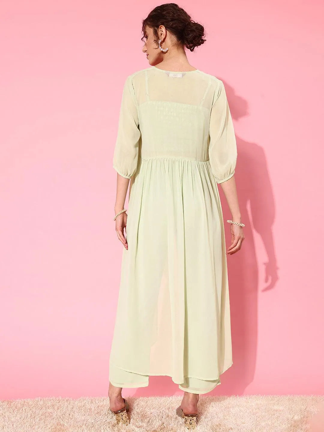 Green Embellished Georgette Co-Ords - Libas 