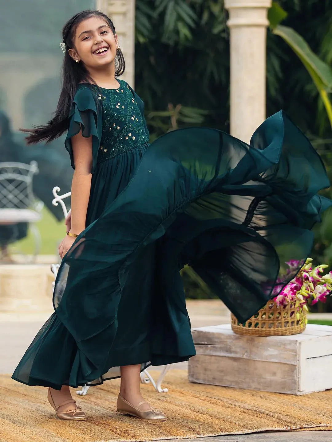 Green Embellished Georgette Dress - Libas