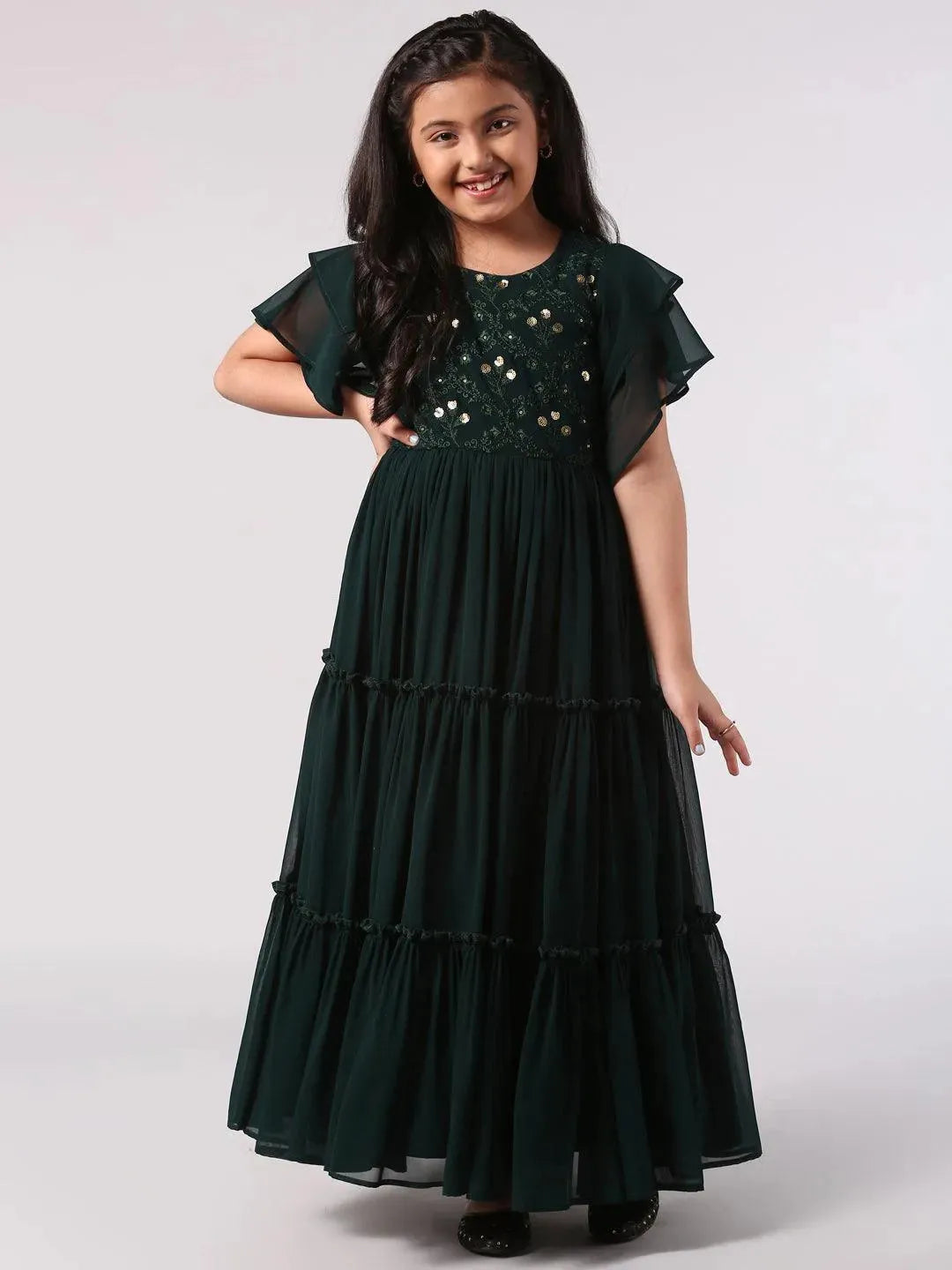 Green Embellished Georgette Dress - Libas