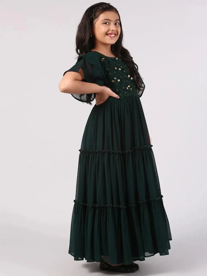 Green Embellished Georgette Dress - Libas