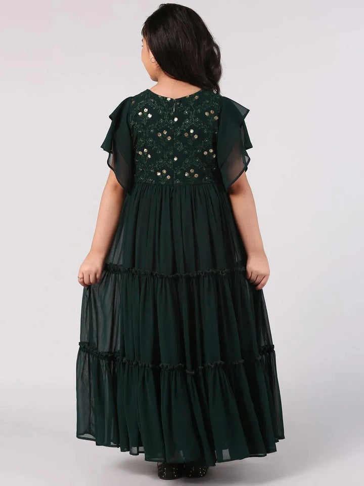 Green Embellished Georgette Dress - Libas