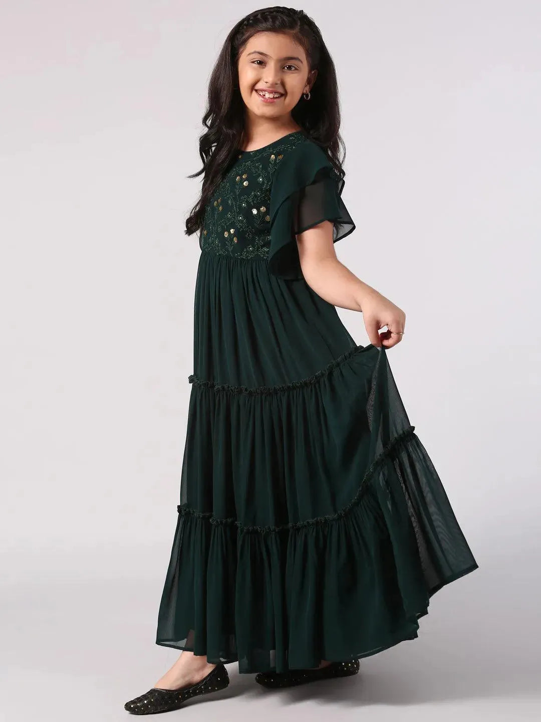 Green Embellished Georgette Dress - Libas