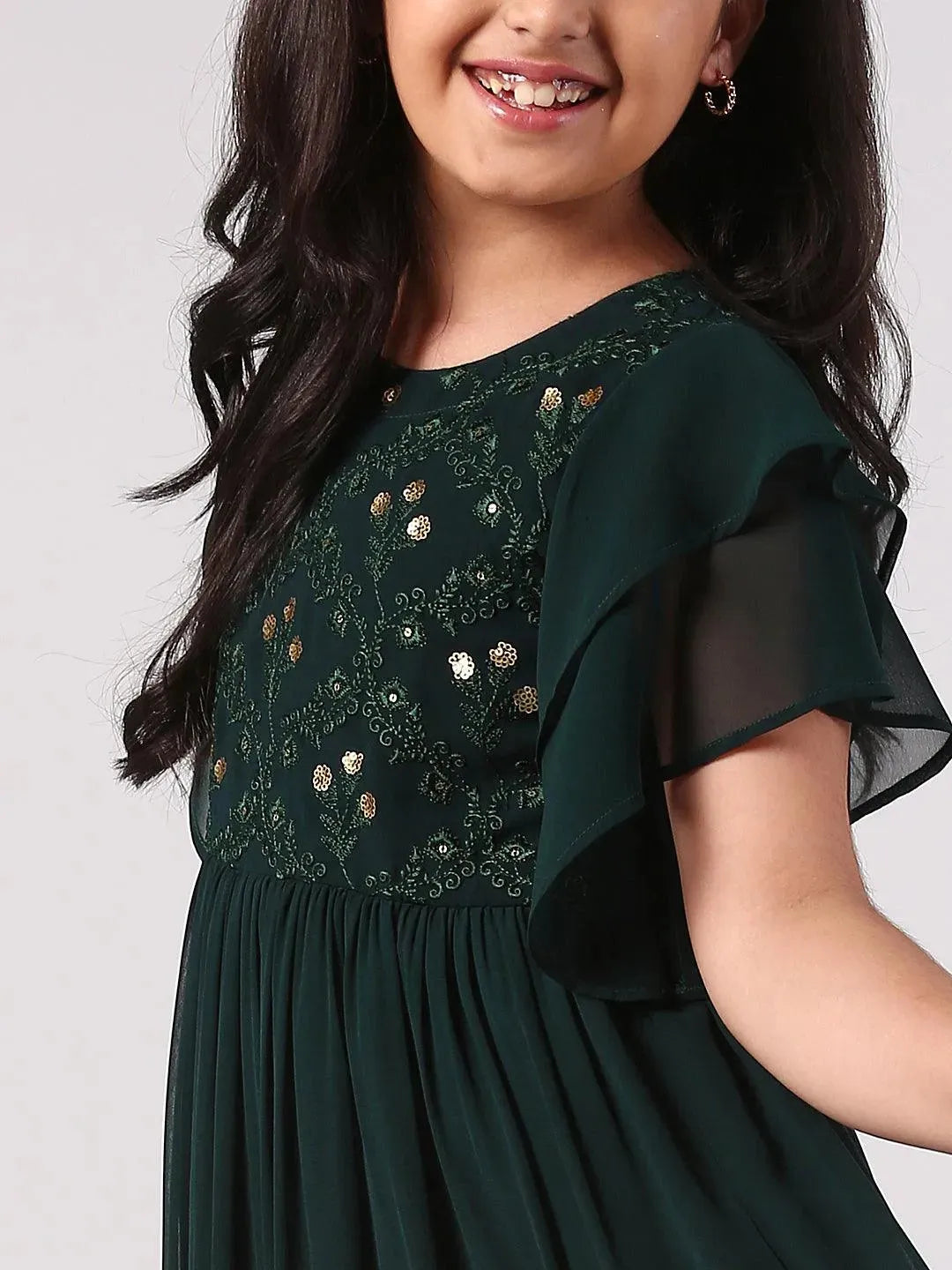 Green Embellished Georgette Dress - Libas 