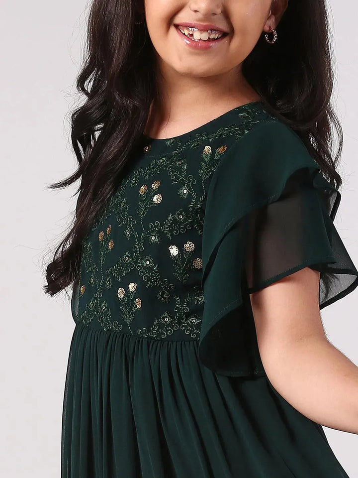 Green Embellished Georgette Dress - Libas