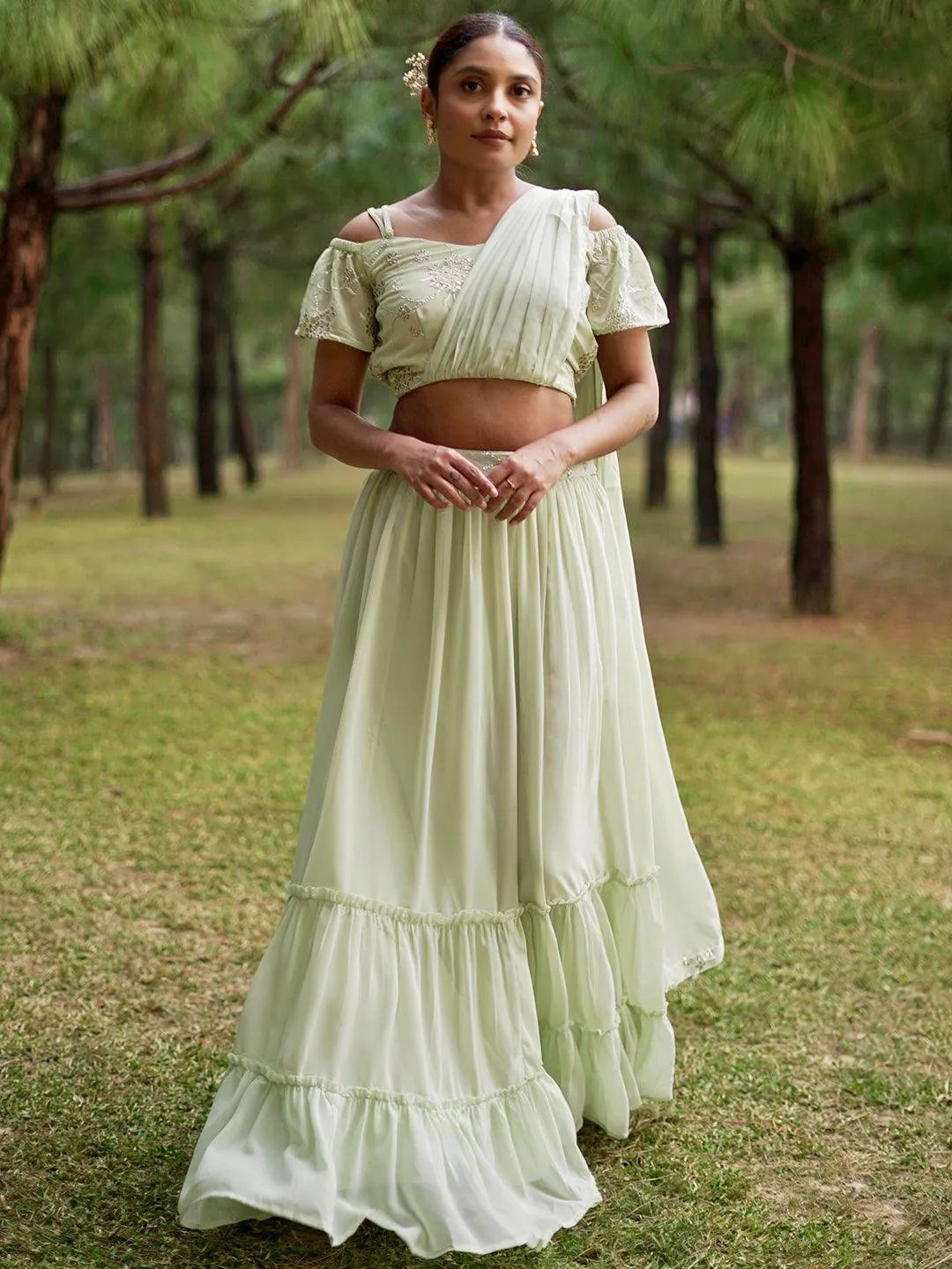 Green Embellished Georgette Lehenga Choli