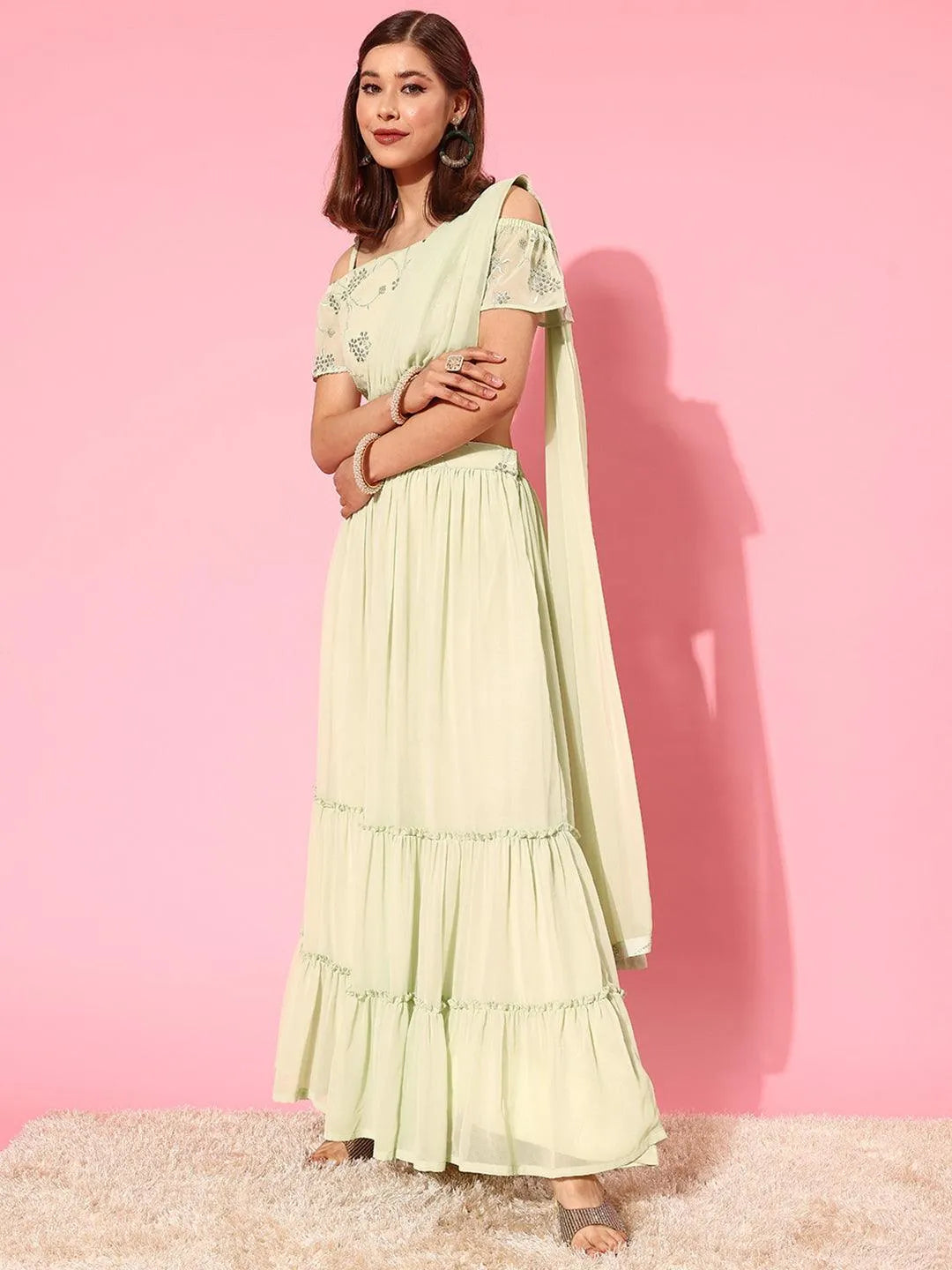 Green Embellished Georgette Lehenga Choli - Libas 
