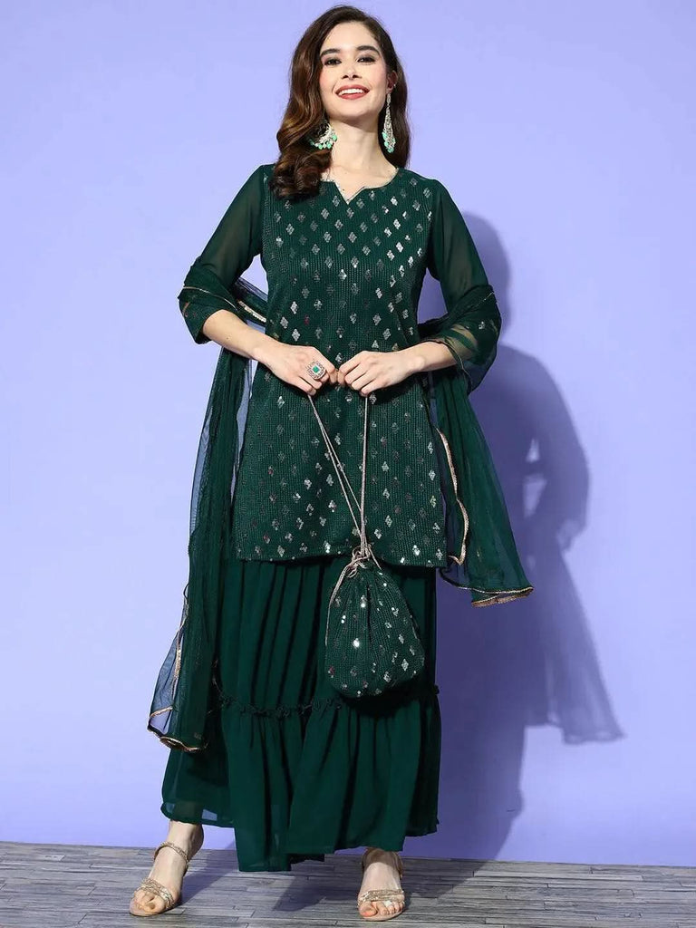 Libas Green Embellished Georgette Straight Kurta With Sharara & Dupatta