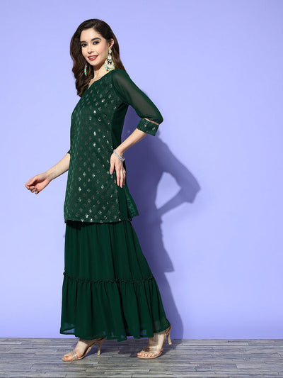 Green Embellished Georgette Straight Sharara Suit Set - Libas