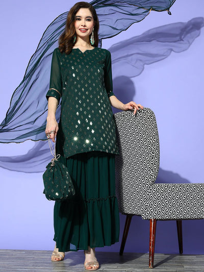Green Embellished Georgette Straight Sharara Suit Set - Libas