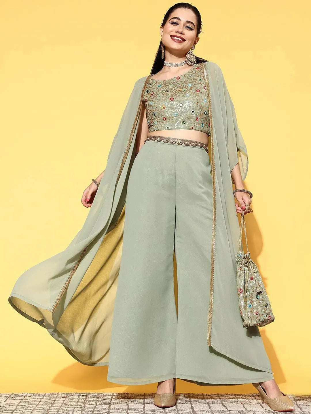 Green Embellished Georgette Co-Ords - Libas