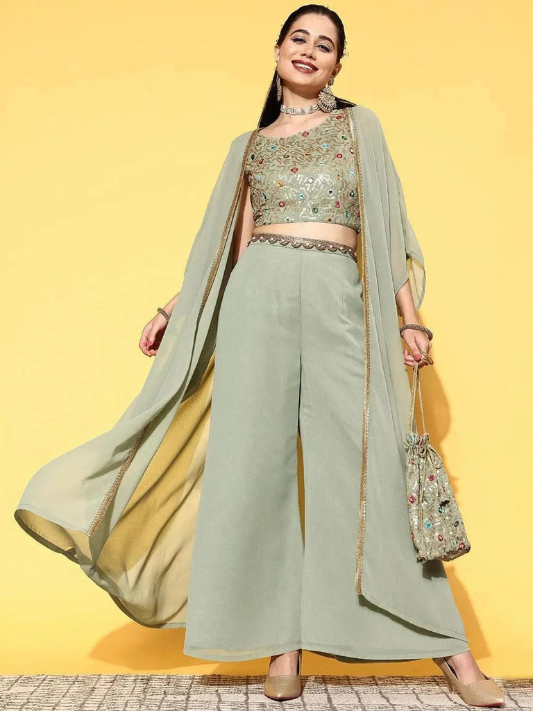 Buy Green Embellished Georgette Top With Palazzos Shrug Online